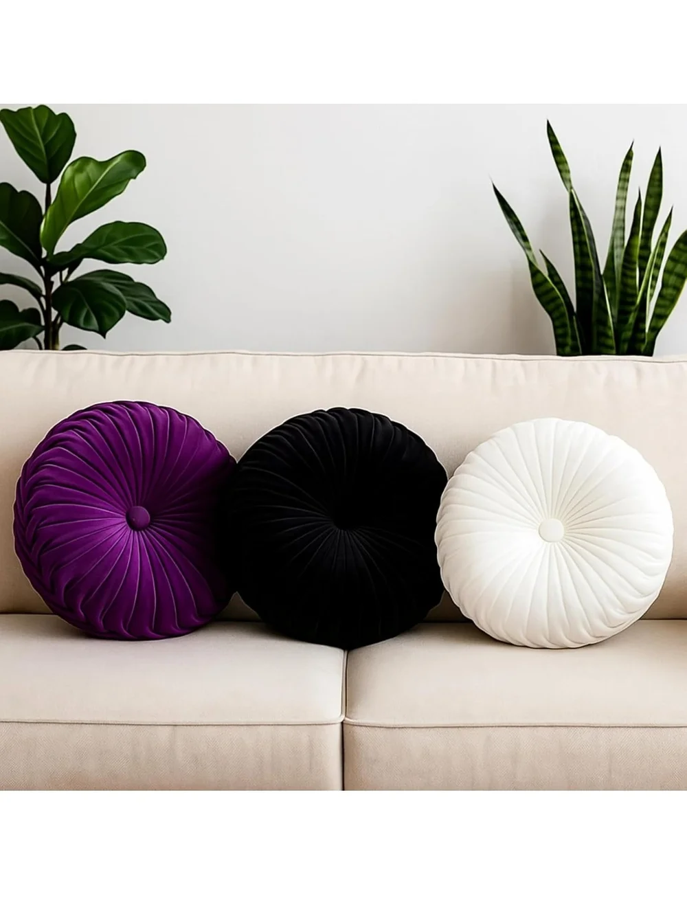 Round Velvet Throw Pillows in Purple, Black, White - Set of 3